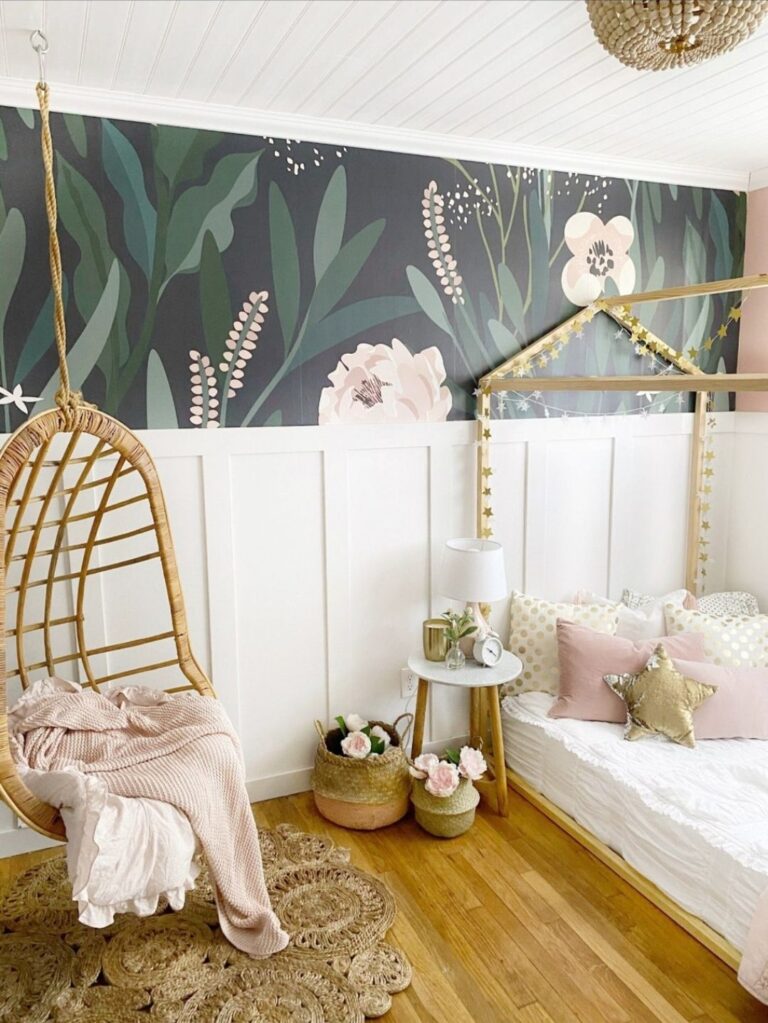 White board and batten wainscoting under botanical wallpaper
